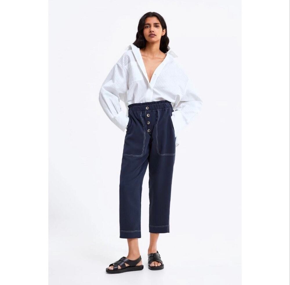 Zara Paper Bag Pants Cropped Navy Nautical Size XS High Waist Pull on